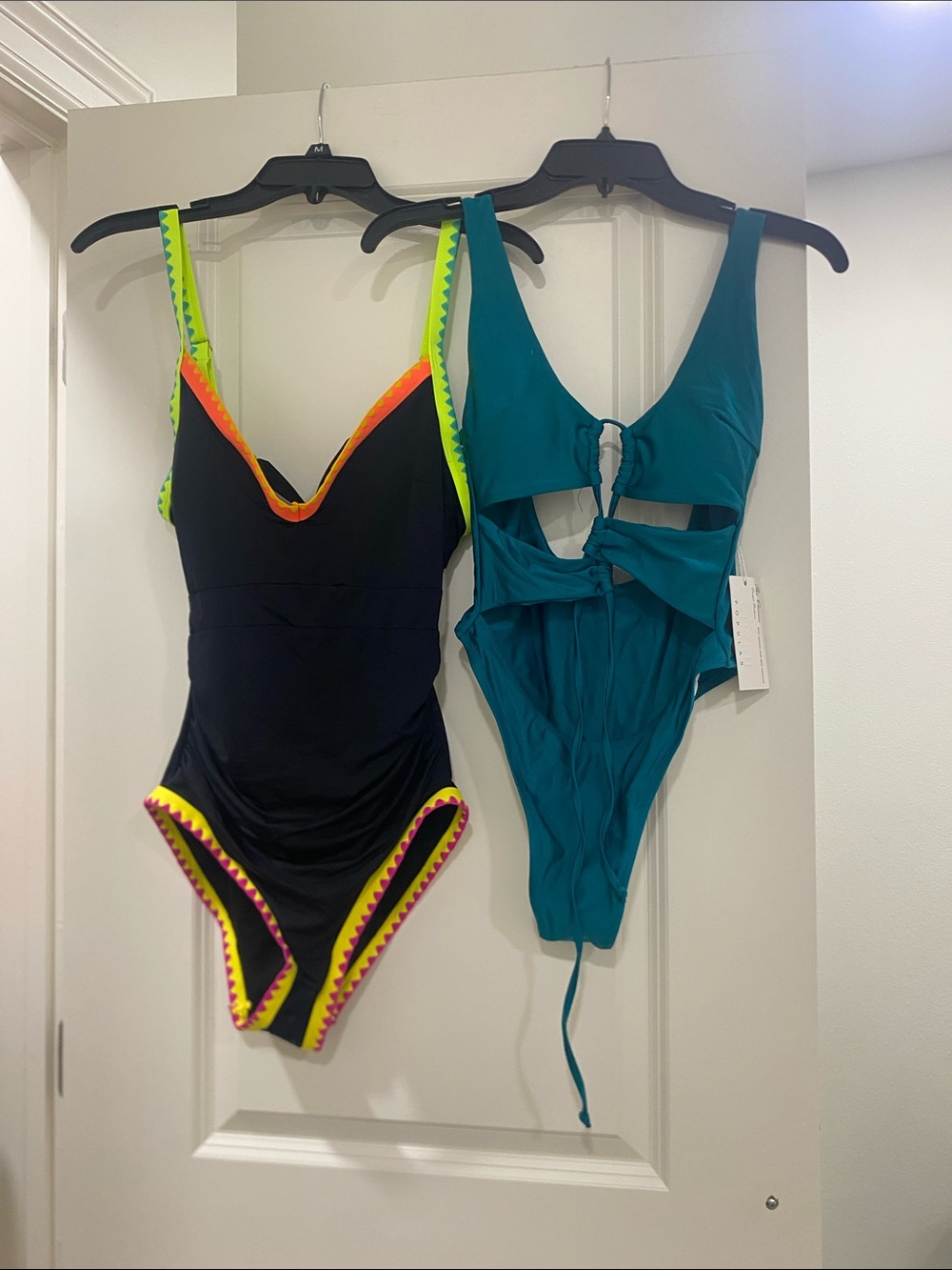 Women’s Black One-Piece Swim Bodysuit with Neon Trim